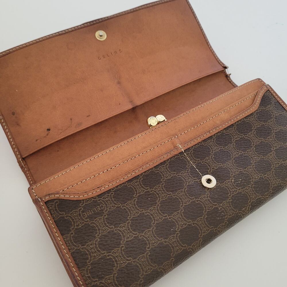 Celine Macadam Triomphe Monogram Brown Coated Canvas Leather Long Wallet Vintage - Picture 3 of 13